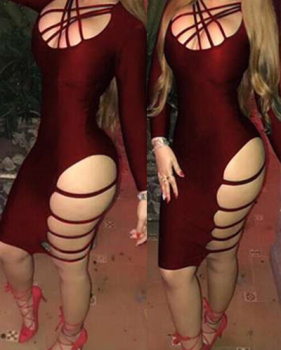 Sexy V Neck Long Sleeves Hollow-out Wine RedTwilled Satin Sheath Knee Length Dress
